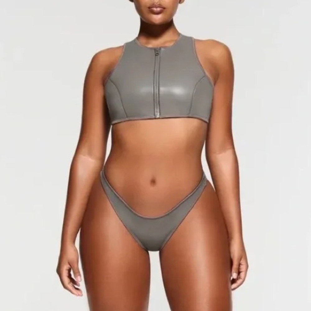 Skims Rubberized Scuba Swim Tanga Bikini Bottom in Gray Chalk